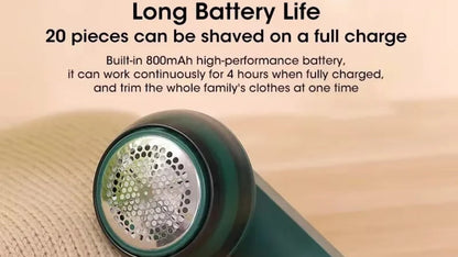 Cloth shaver with text about battery life on a beige fabric background